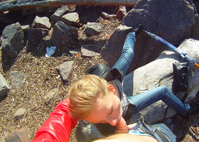 Boy shags blonde outdoors and then in the toilet