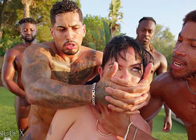 Outdoor Gang Hump 9 Folks Penetrate Latina Mega-Mega-Slut in Lingerie with Anal Invasion and DUAL INTRUSION