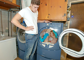 Blonde teen hiding and getting fucked in the backyard